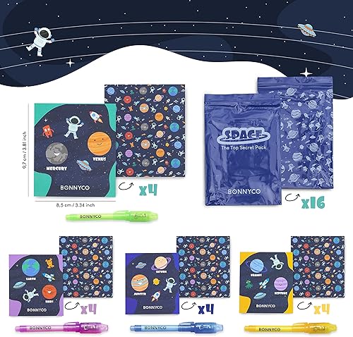 Miniatura 5 de BONNYCO Paquete de bolígrafo y cuaderno de tinta invisible, 16 recuerdos de fiesta espacial. Recuerdos de fiesta temática espacial para niños,