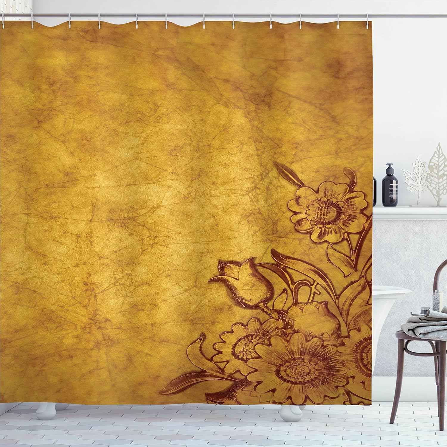 Ambesonne Antique Shower Curtain, Floral Design on Vintage Retro Background with Tulip and Daisy Flowers, Cloth Fabric Bathroom Decor Set with Hooks, 69" W x 70" L, Brown Orange
