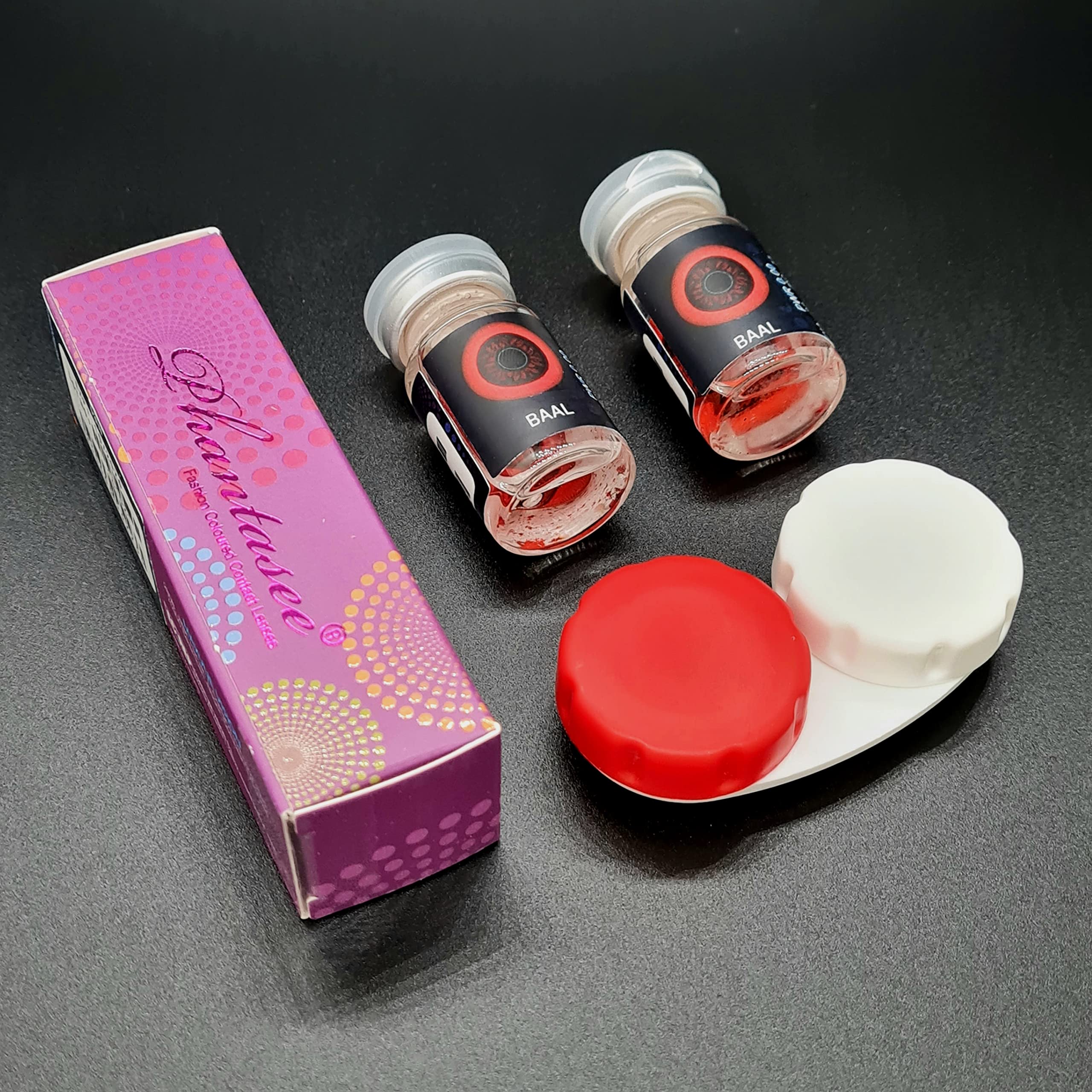 Lenti a contatto colorate rosso, senza gradazione, 1 paio (2 pezzi), Lenti da 22 mm che coprono l'intero occhio + custodia per lenti "Baal"