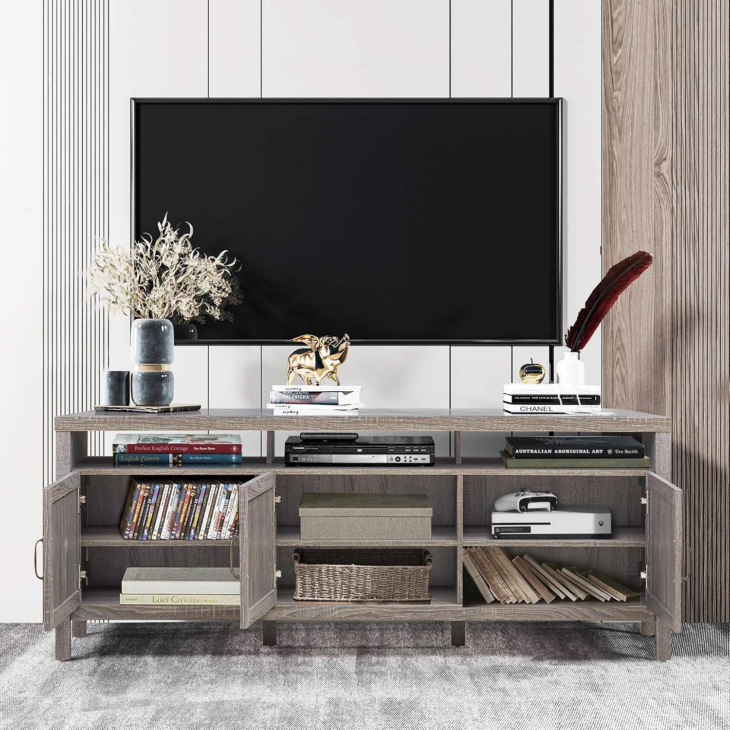 DORTALA Mid-Century Modern TV Stand, Boho Style TV Entertainment Center, TV Console Table w/3 Rattan Doors, Open Shelf, Interior Adjustable Storage Shelves, for TVs up to 65 Inches, Grey Oak