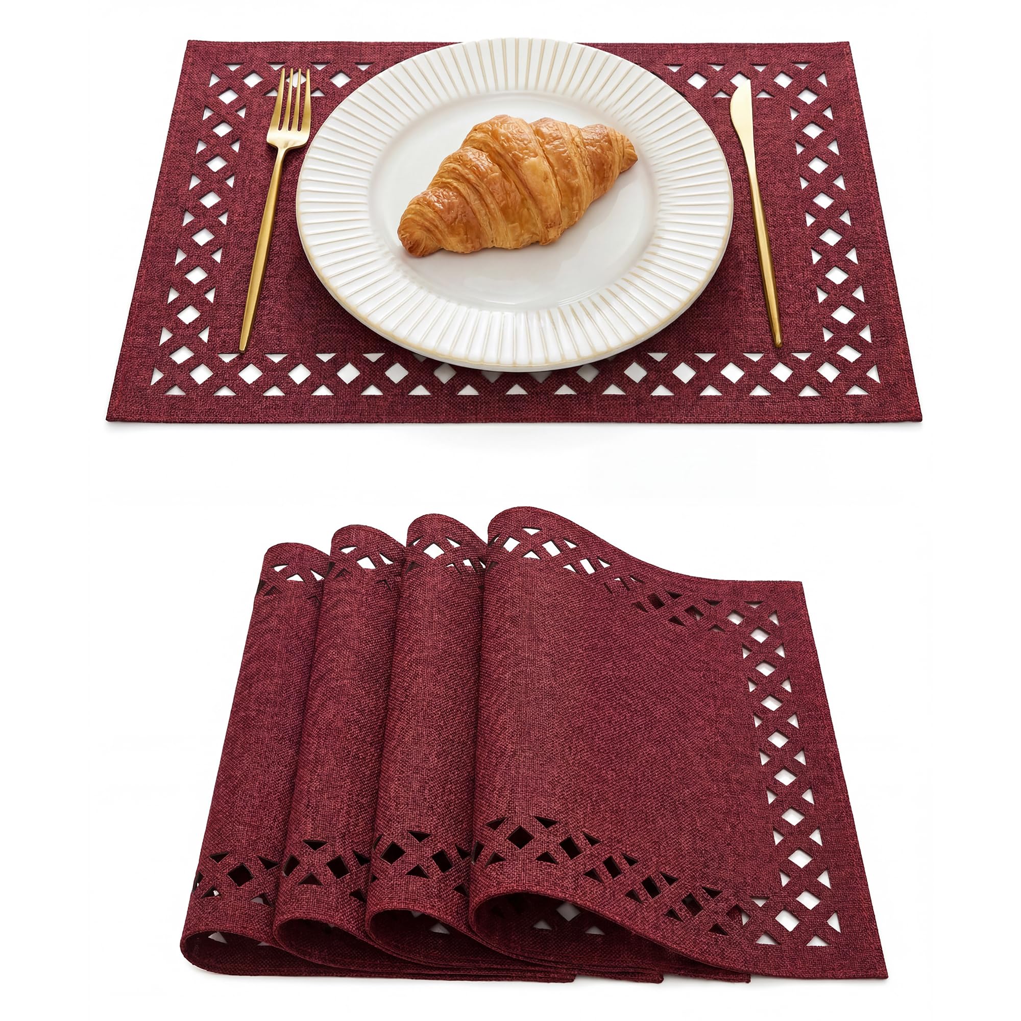Artoid Mode Dark Red Geometric Hollow Linen Christmas Placemat 30x45cm 4PCS