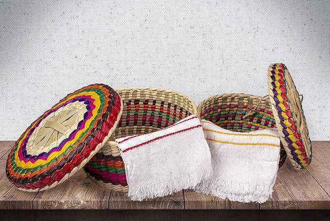 2-Pack Genuine Mexican Handwoven Tortilla Basket, Fiesta Warmer, Holder, Tortillero, Palm Straw Baskets Handmade in Mexico, Bowls (2, Canasta)