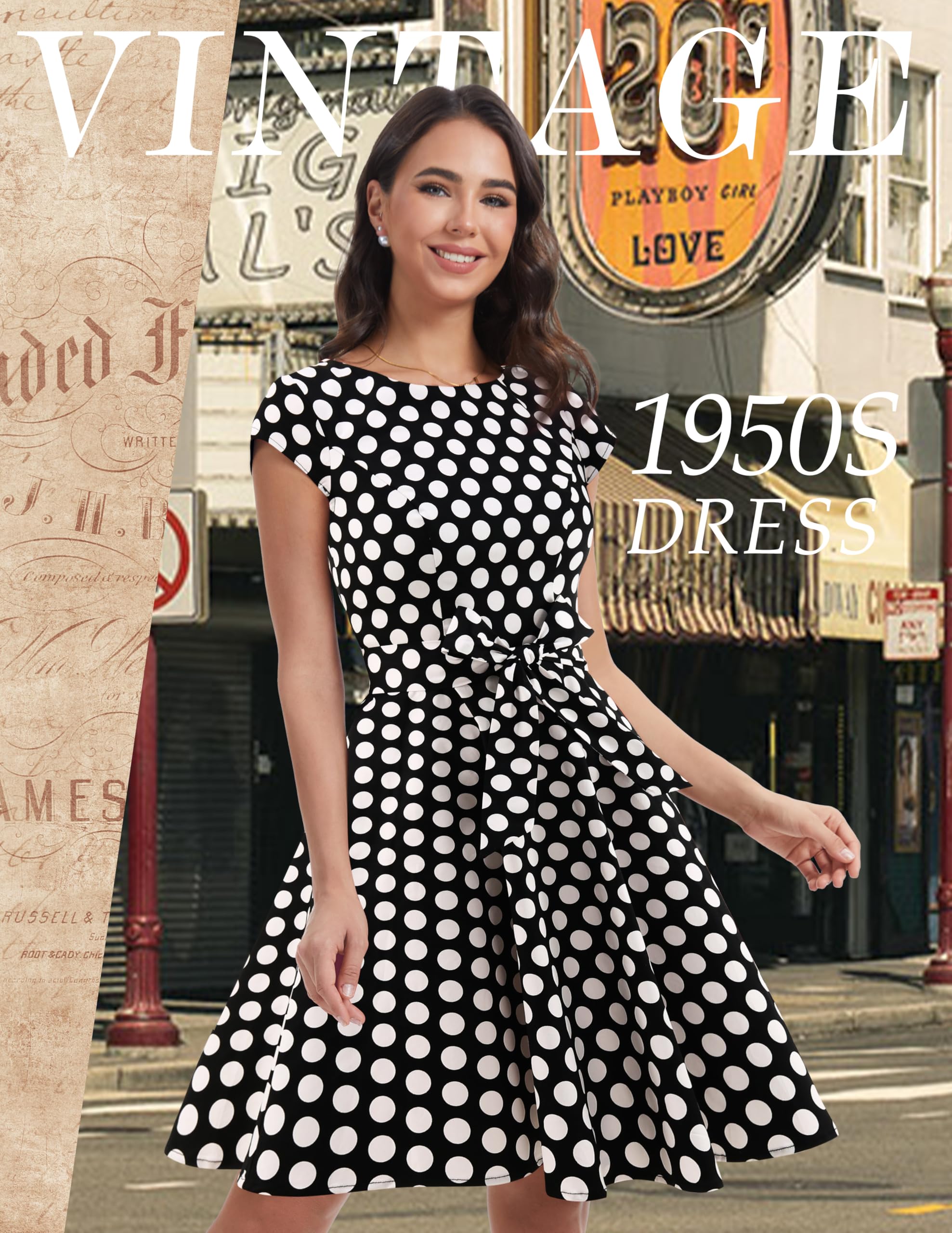 Dressystar Vintage Anni '50 Polka DOT e Tinta Unita Abiti da Ballo cap-Sleeve