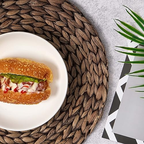 Miniatura 5 de Juego de 6 manteles individuales tejidos rústicos de 12 pulgadas, manteles individuales redondos de tejido de jacinto de agua natural para mesa de