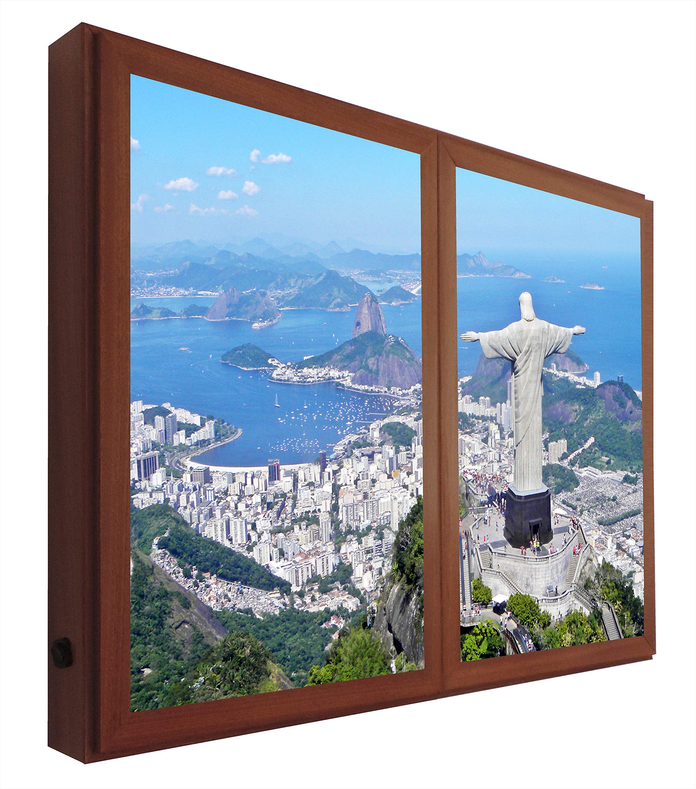 Tableau Rio de Janeiro lumineux en méthacrylate et cadre noyer 60x80