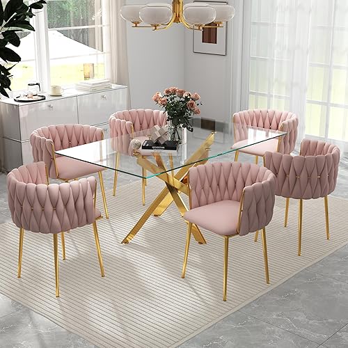 Miniatura 13 de Juego de mesa de comedor de cristal dorado de lujo para 4, juego de comedor cuadrado de 5 piezas con parte superior de vidrio transparente, juego de