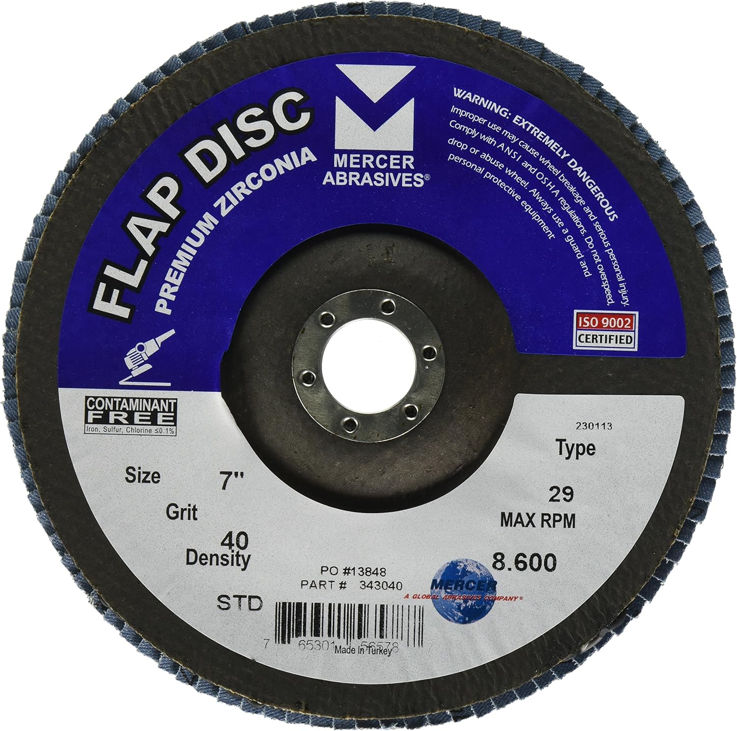 Mercer Industries 343040 Zirconia Flap Disc, Type 29, 7 x 7/8, Grit 40, 10 Pack