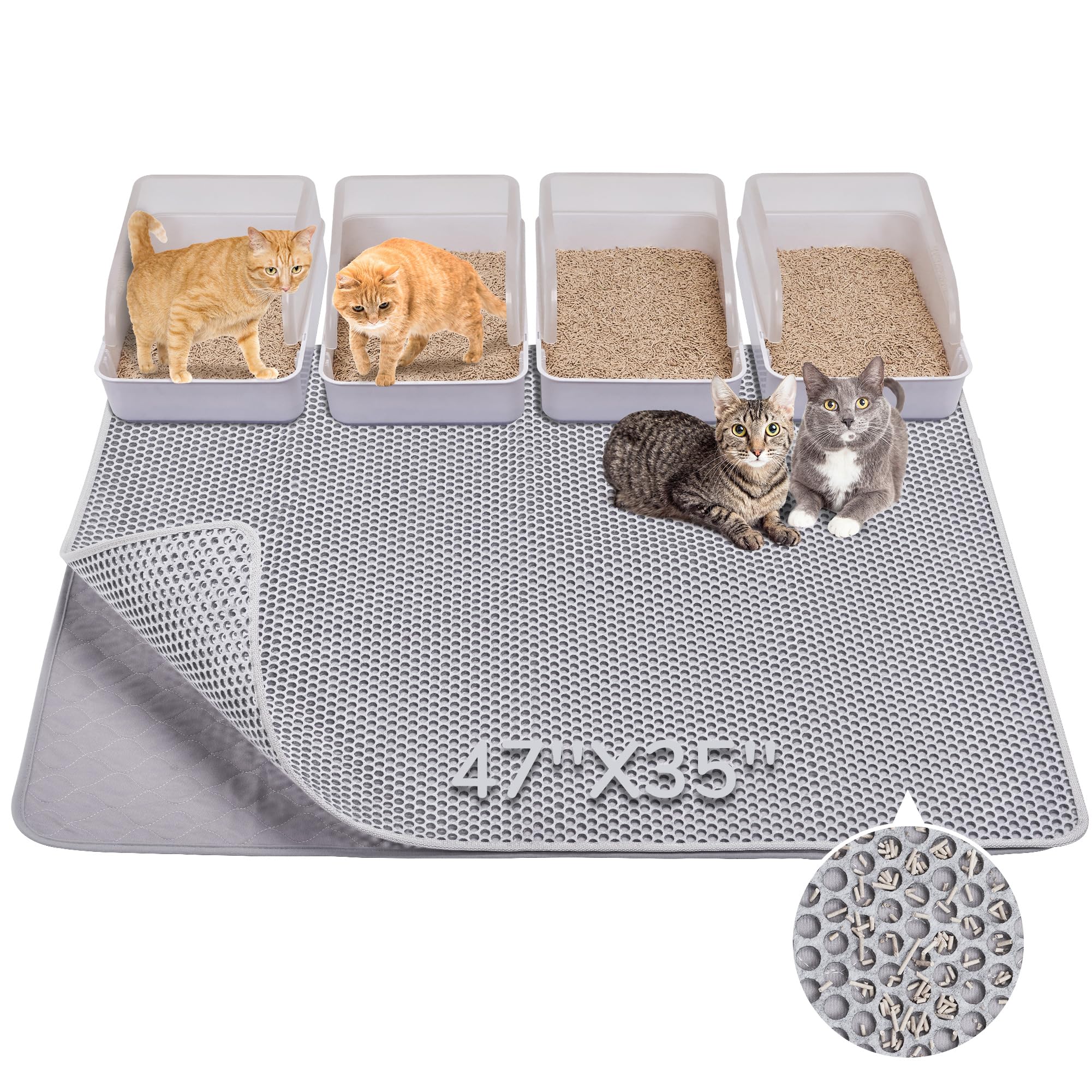 BurgeonNest Cat Litter Mat 47" x 35" Upgraded Felt & Fabric Material Cat Trapping Mat for Fewer Creases, Extra Large Hold 3-4 Litter Boxes Urine-Proof Non Slip, Machine Washable, Soft on Paws, Grey