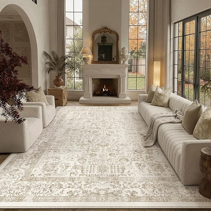 PureCozy Light Brown Area Rug 8x10 Machine Washable Large Vintage Living Room Distressed Non Slip Carpet Traditional Indoor Bedroom Retro Floral Accent Throw Rug for Office Kitchen Dining Room