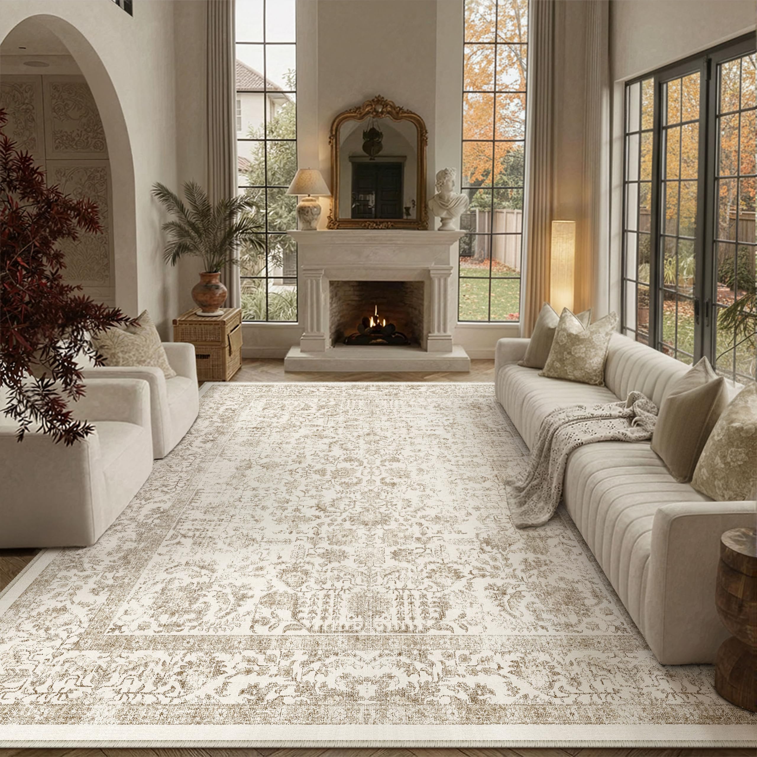 purecozy light brown area rug 8x10 machine washable large vintage living room distressed non slip carpet traditional indoor bedroom retro floral accent throw rug for office kitchen dining room