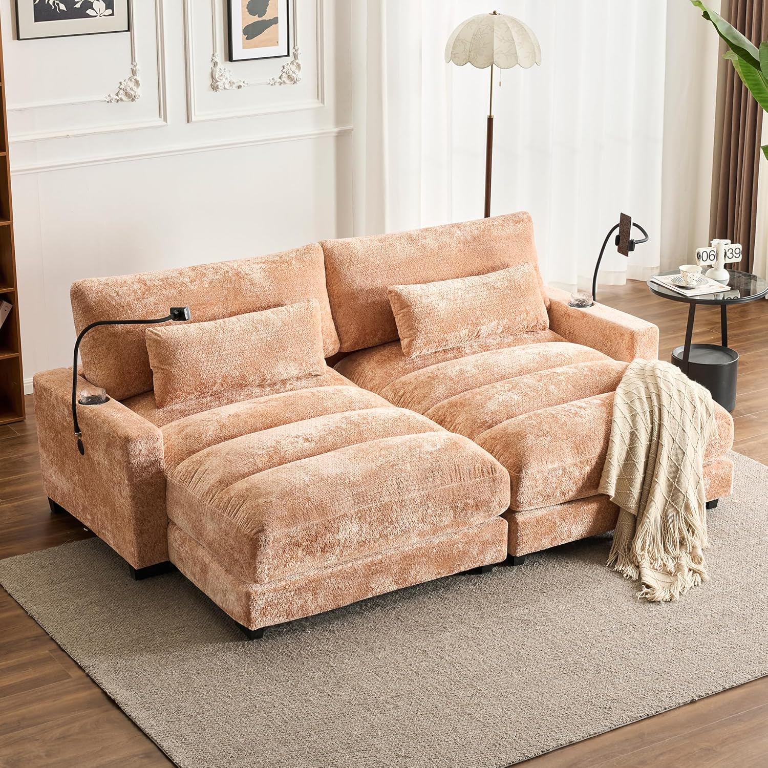 Tmsan 90.54" Oversized Double Chaise Lounge Sofa Chair Indoor, Chenille Loveseat Sleeper Couch Bed with Adjustable Headrest/USB Ports/Cup Holders/Phone Stand for Living Room Bedroom Apartment Office