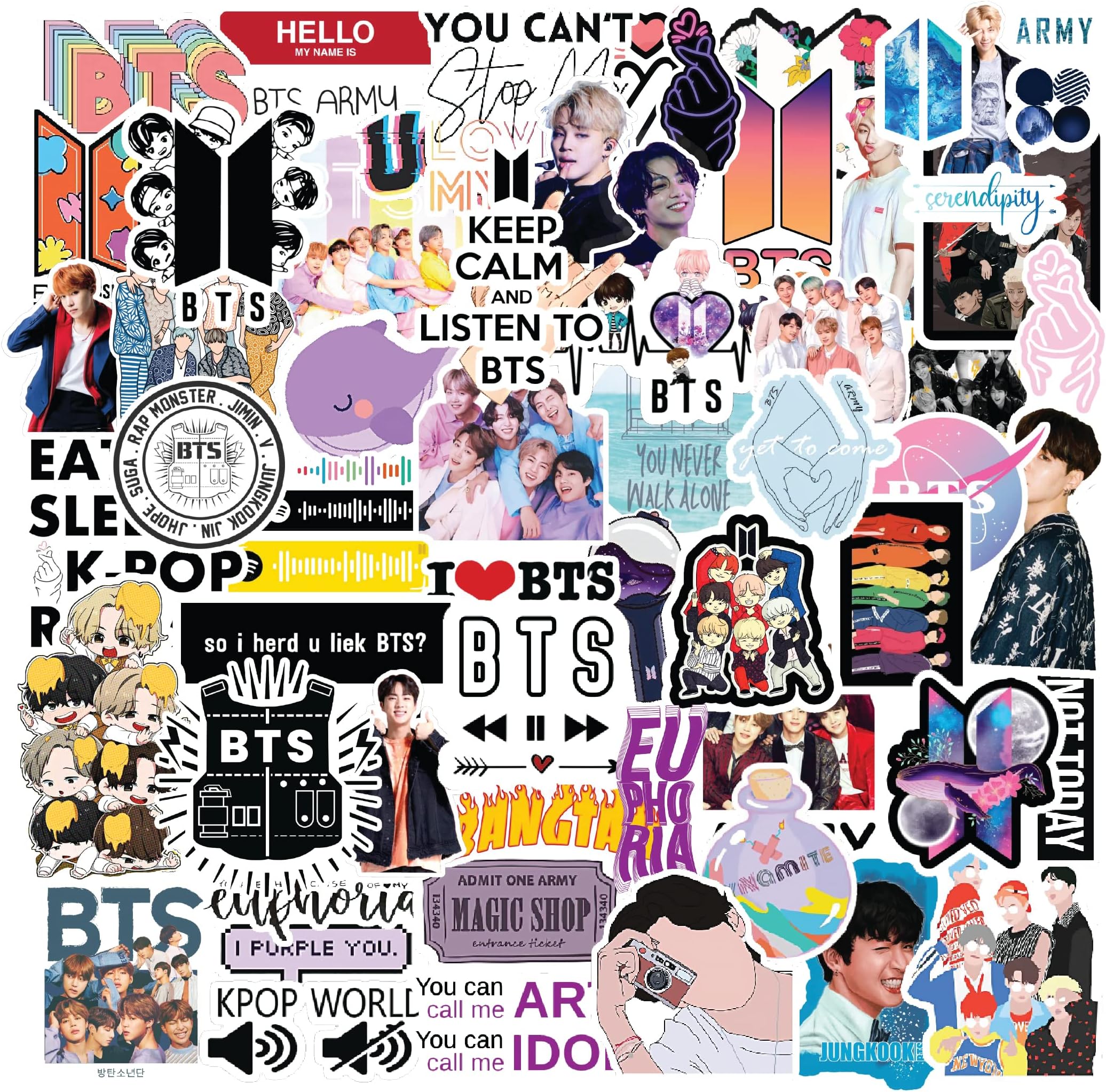 Pack of 60 - BTS, Bangtan Boys Vinyl Stickers for Laptop, Journal, Diary, Guitar, Mobile Case - Aesthetic Waterproof Stickers
