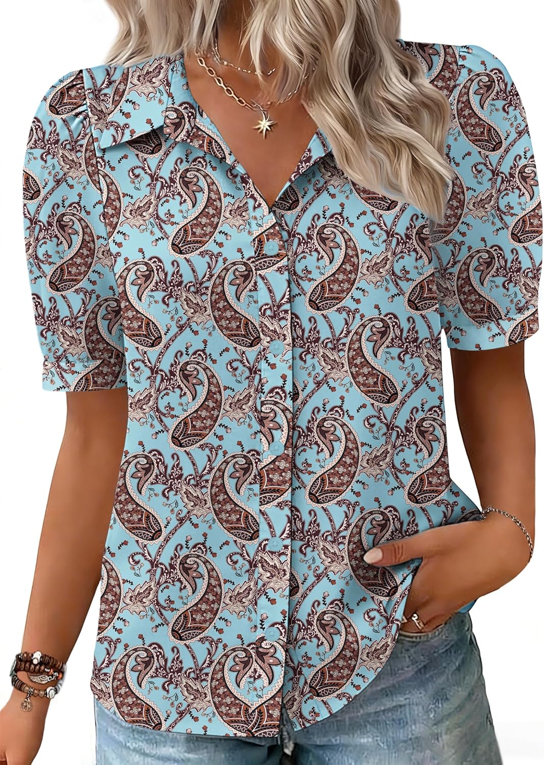 Zeagoo Women Button Down Shirts Puff Short Sleeve Blouses Chiffon Tops Business Casual Outfits Summer Clothes - Image 2