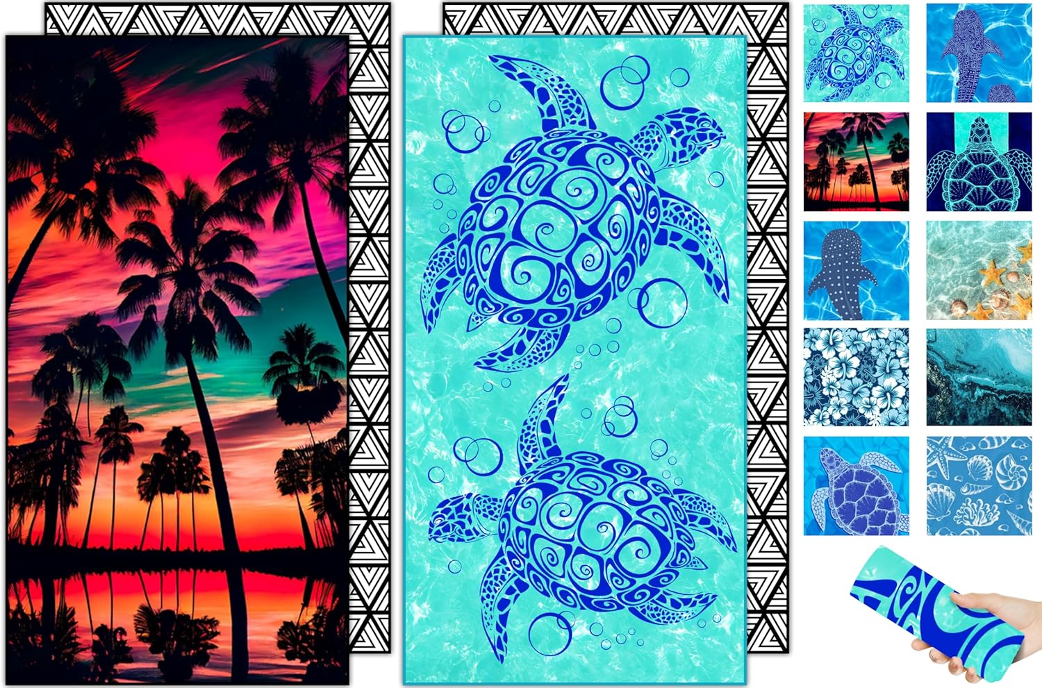 Microfiber Oversized Beach Towel 71"x32" Extra Large Thin Lightweight Sand Free Soft Towels Travel Swim Cruise Yoga Gym Camping for Adults Women Men Beach Essentials Gift Sea Turtle&Sunset