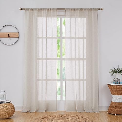 Central Park Paneles de cortinas transparentes de lino con textura de lino, juego de cortinas de ventana sólidas, pares de cortinas con bolsillo