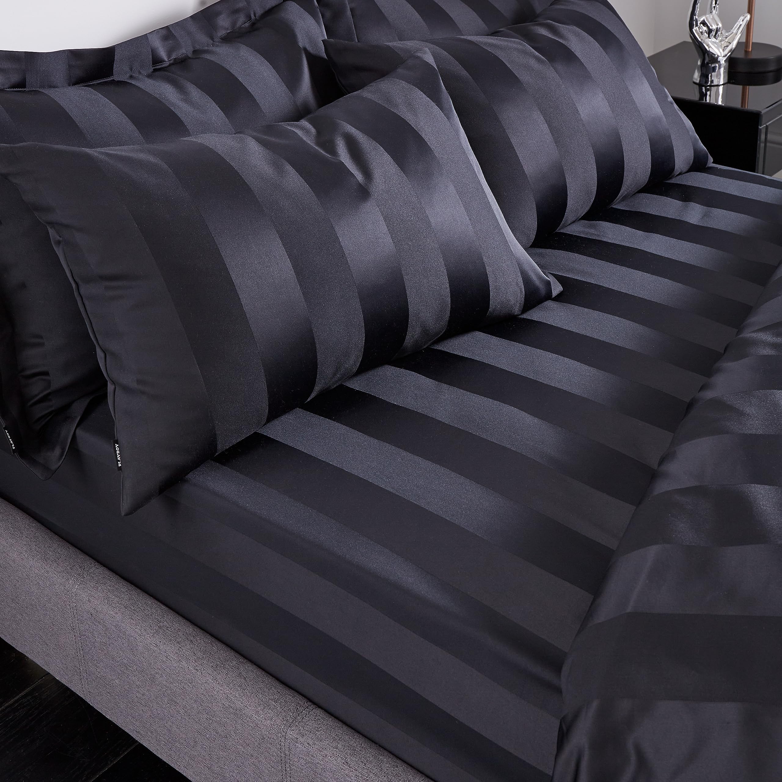 Playboy Soft Satin Stripe Single Fitted Sheet Black