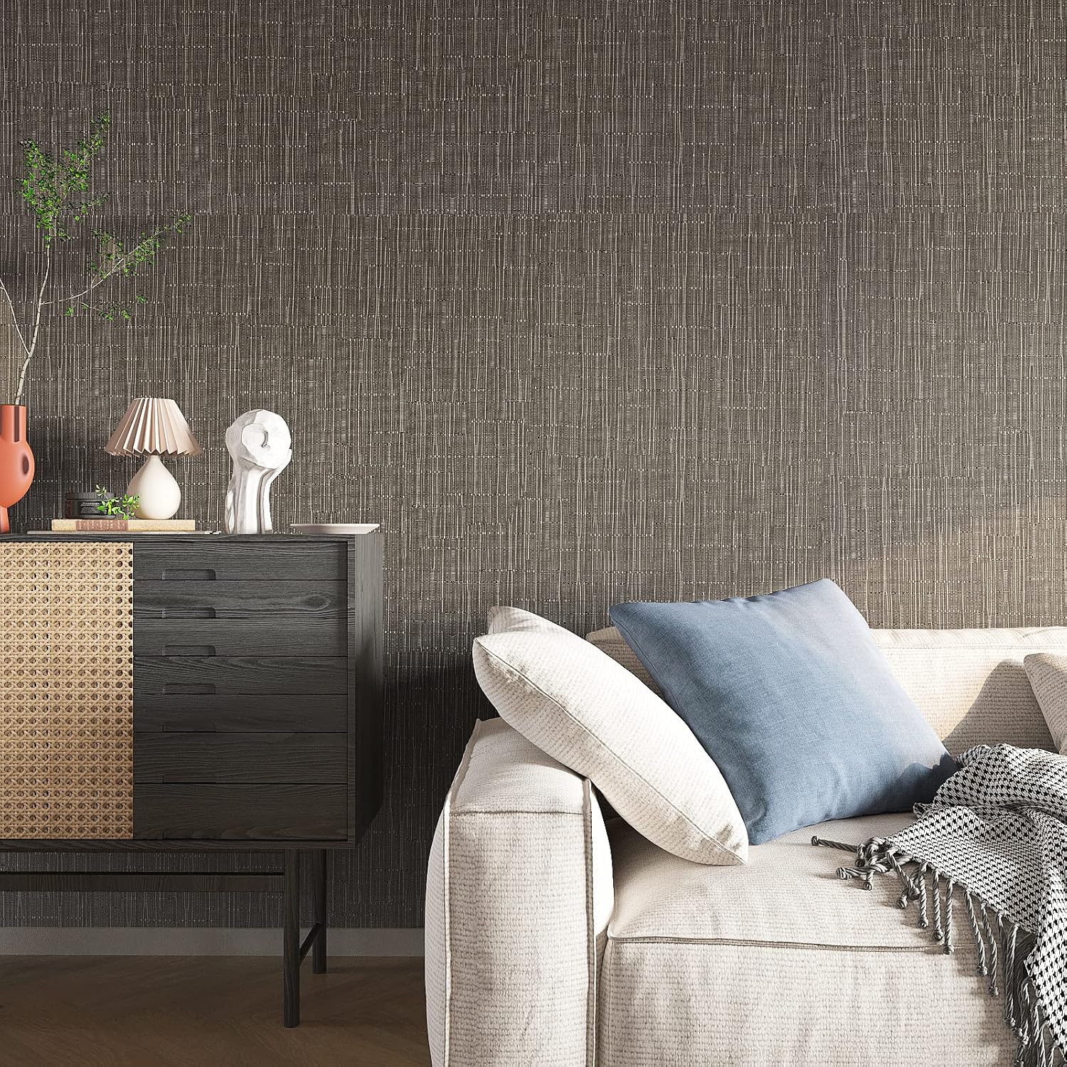 VEELIKE Truffle Brown Grasscloth Peel and Stick Wallpaper Faux Woven Grasscloth Wallpaper 15.7''x118'' Self Adhesive Linen Vinyl Removable Brown Weave Contact Paper for Bedroom Walls Cabinets