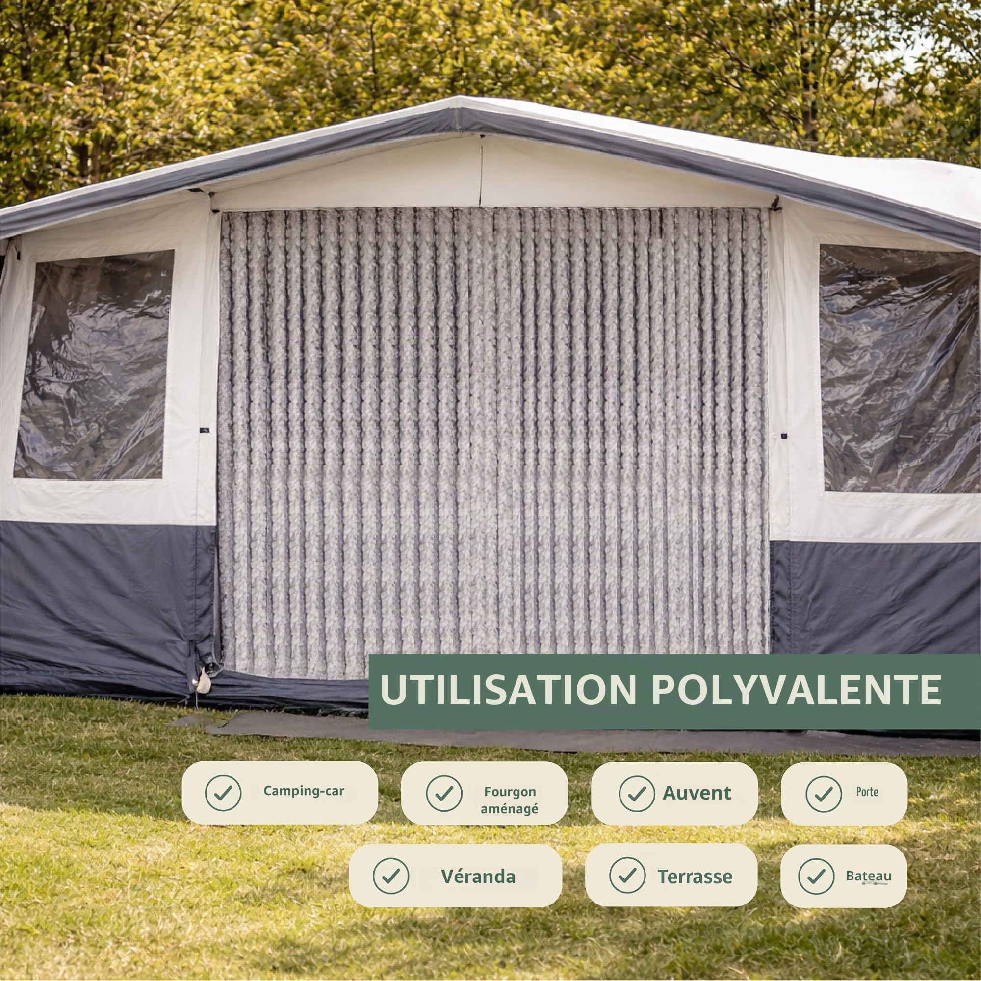 Moritz Rideau en chenille - 100 x 230 cm - Gris et blanc - Rideau de porte - Moustiquaire pour camping et caravane