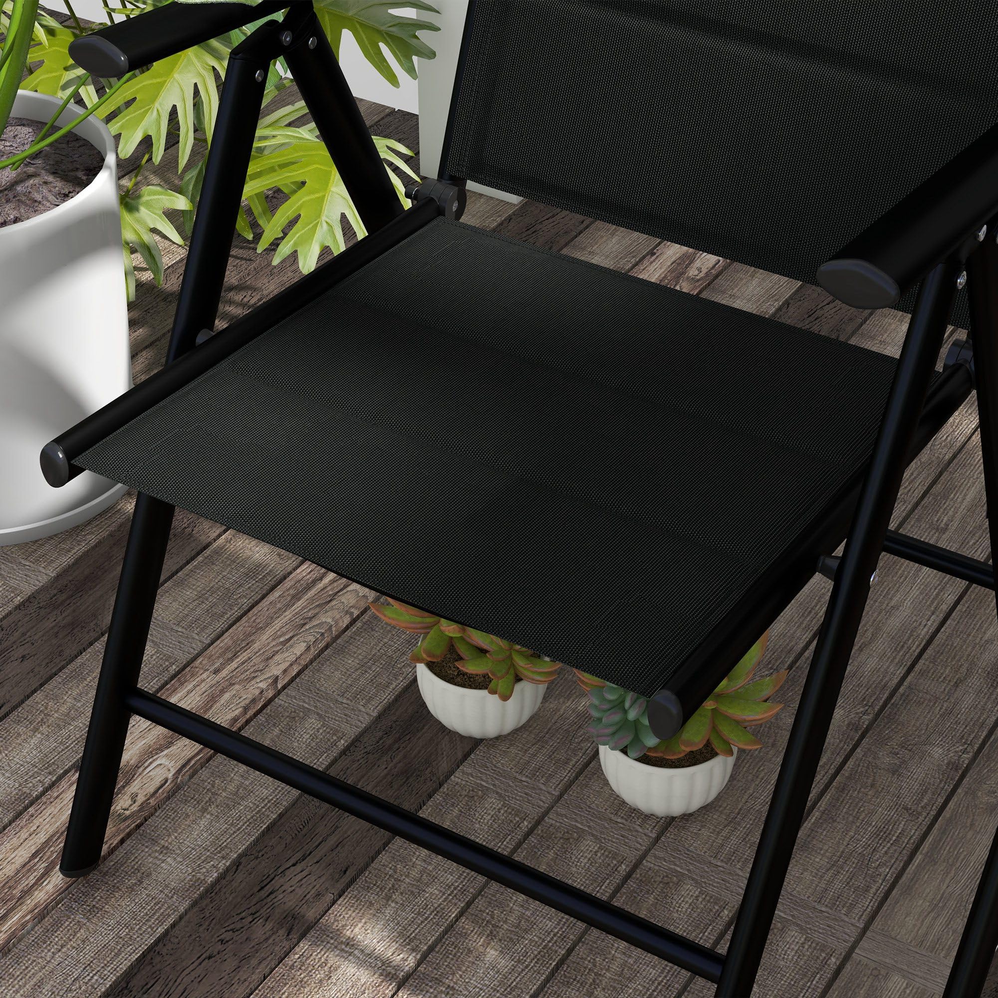 Outsunny Lot de 2 Chaises Pliantes Chaises de Jardin 54x67x108 cm Noir | Appui-Tête, Accoudoirs, Structure en Aluminium, Capacité 130 kg, Terrasse, Extérieur