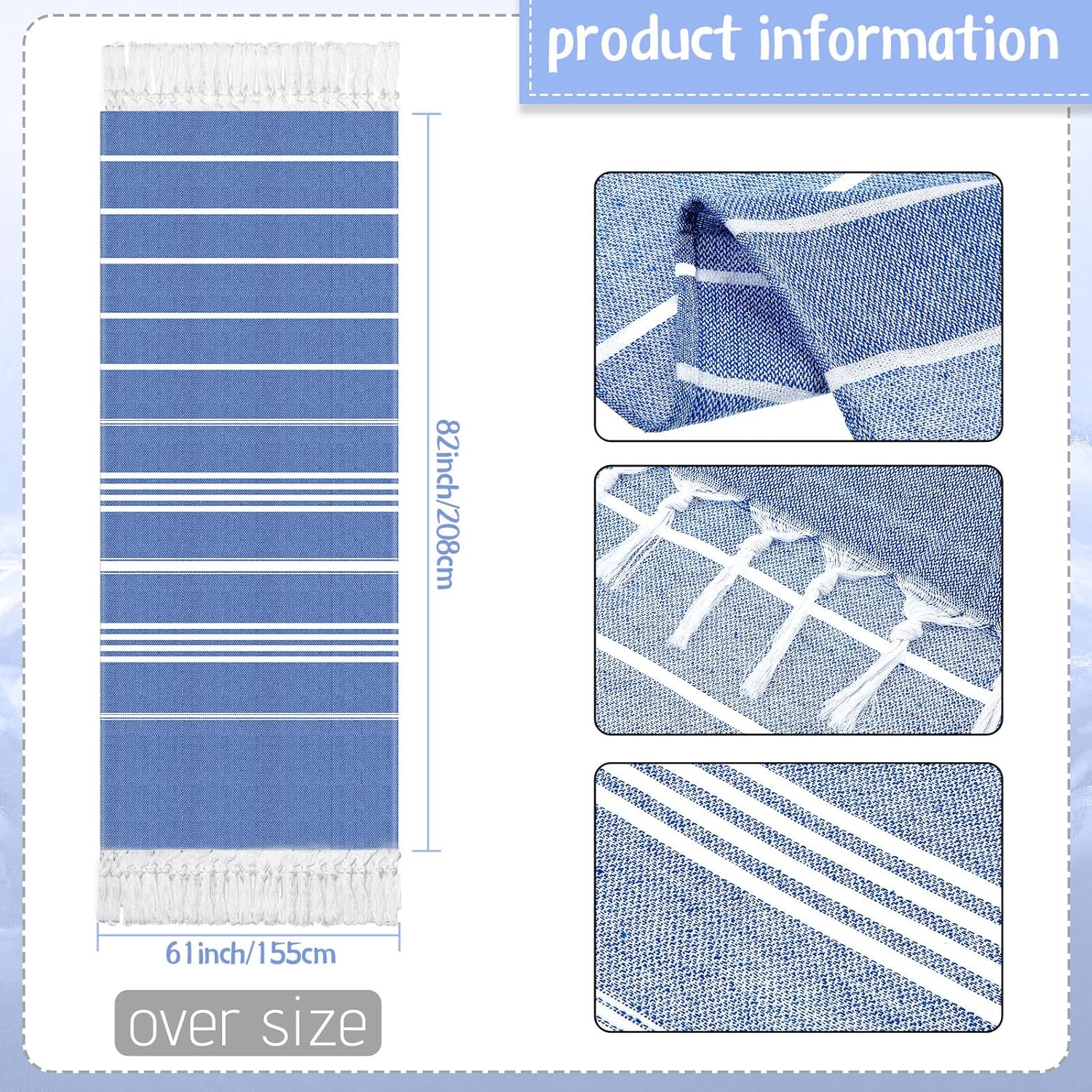 Oudain 2 Packs Oversized Turkish Beach Towel, 61" x 82" Extra Large Cotton Beach Blanket for Adults Bath Supplies, Travel Lightweight Sandproof(Sapphire)