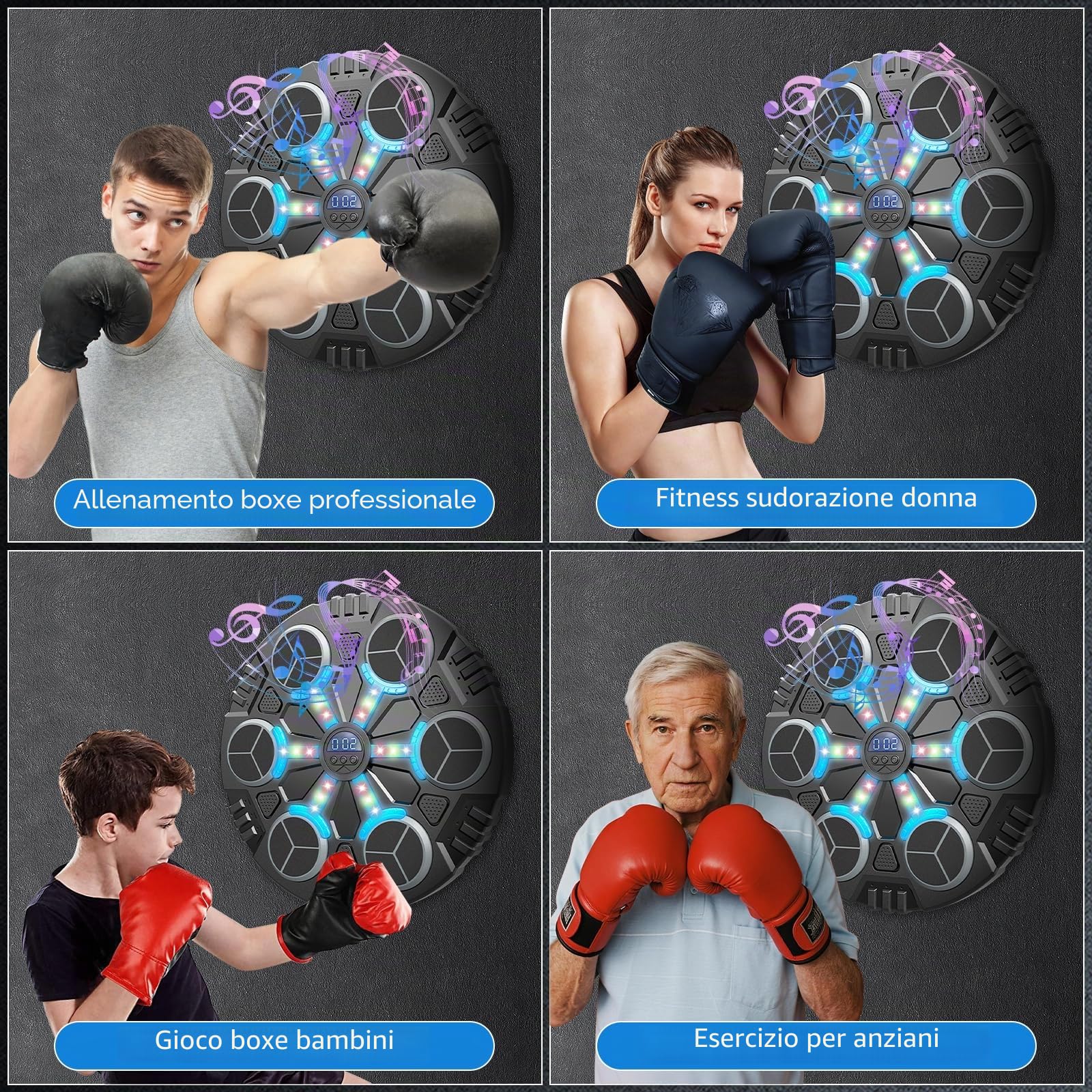 Machine de Boxe Musicale,LED Macchina da Boxe Musicale da Parete Pugile con Guanti da Boxe,3 modalità di velocità e modalità di Conteggio,Bluetooth Boxe Allenamento pour Enfants et Adultes