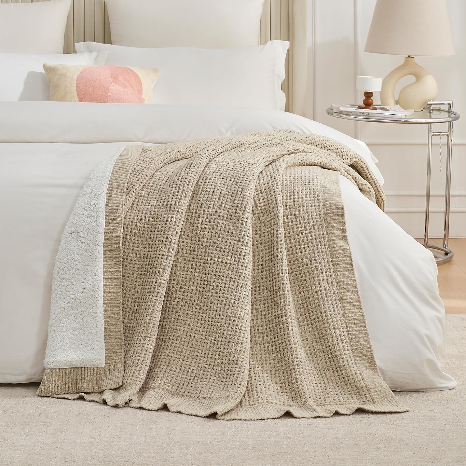 Amélie Home Reversible Waffle Weave Throw Blanket, Chenille Knit with Warm Sherpa, Soft Cozy Blanket for Couch, 50"x60", Beige - Image 6
