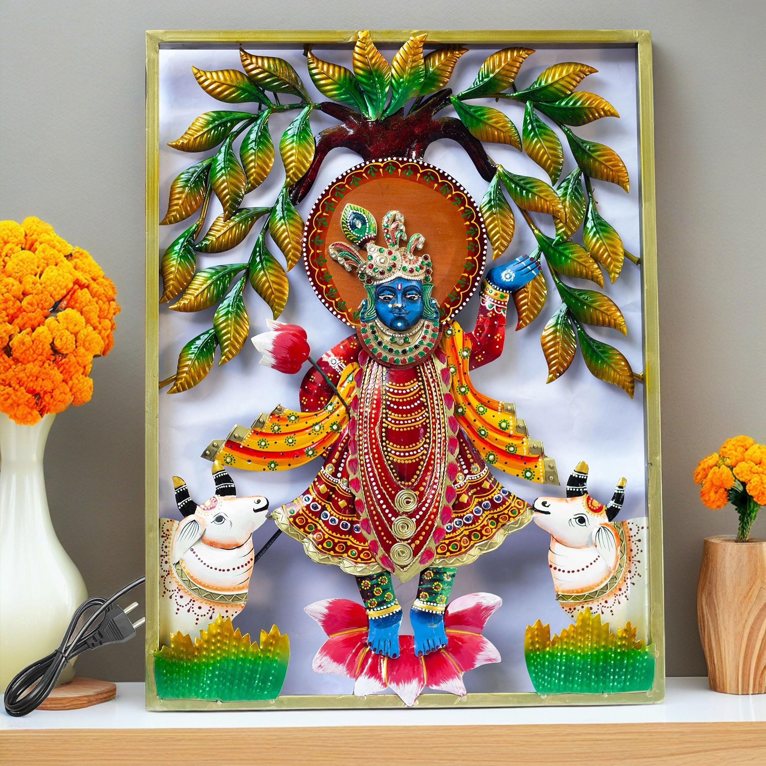 Lord Shrinathji Iron Metal Wall Décor (24x18in) – Handcrafted Krishna Religious Décor Showpiece | Vibrant Hindu Artwork with LED Backlight for Home, Pooja Room & Gifting (SrinathJi) — photo — 9 of 9
