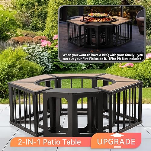 Miniatura 6 de Joyside Fogata de 51 pulgadas con parrilla y mesas auxiliares de grano de madera, hoguera de leña al aire libre con tapas, póker de fuego y mesas