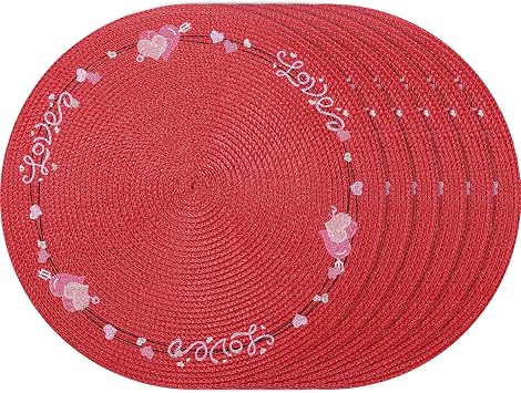 Valentines Day Placemats Set of 6 Table Decorations Indoor Red Heart Embroidered Round Place Mats for Home Wedding Farmhouse Party Decor Kitchen Dinning
