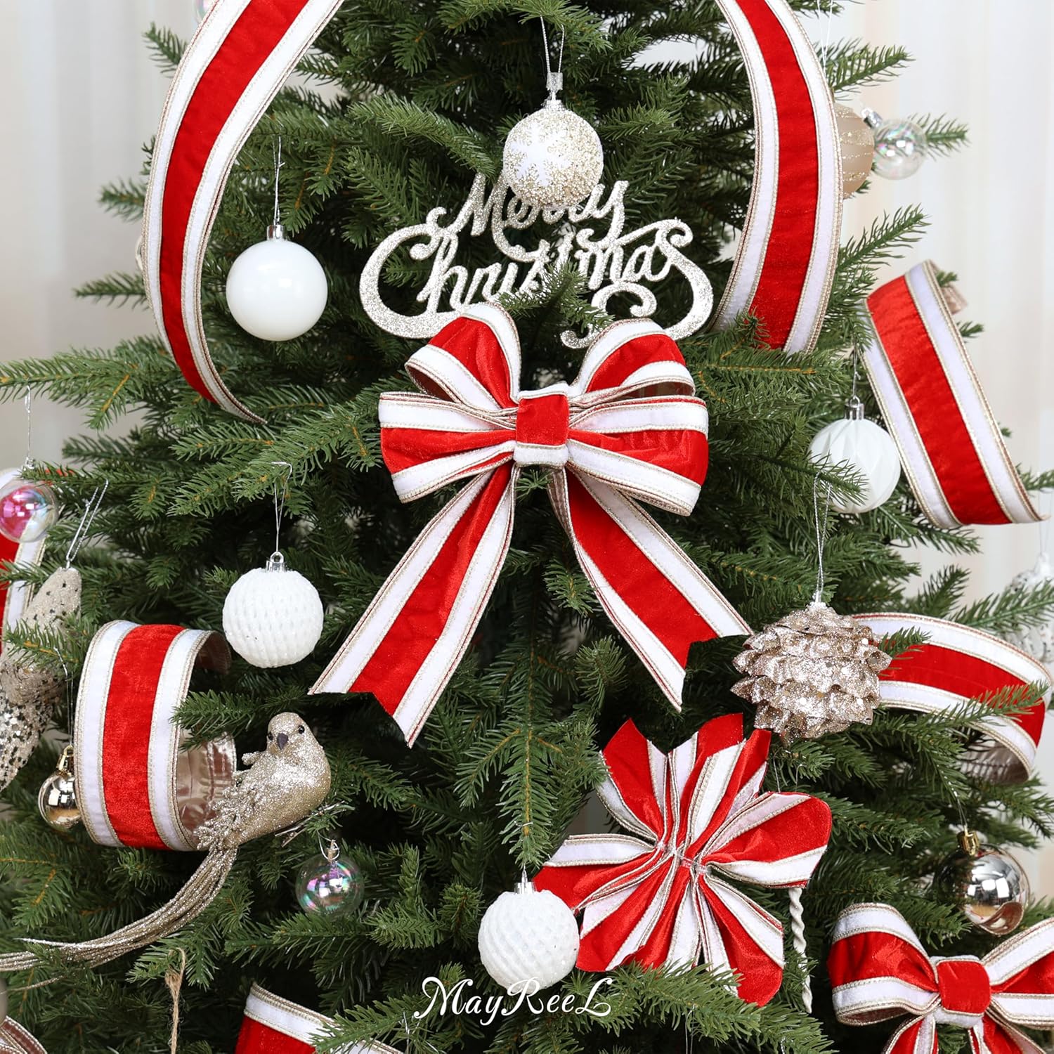 MAYREEL Double Color Red and White Velvet Wired Ribbon 2.5 Inch Christmas Tree Ribbon, 10 Yards Roll – Festive Holiday Craft, Gift Wrapping, Wreath Supplies, Bows, Garlands & Decoration