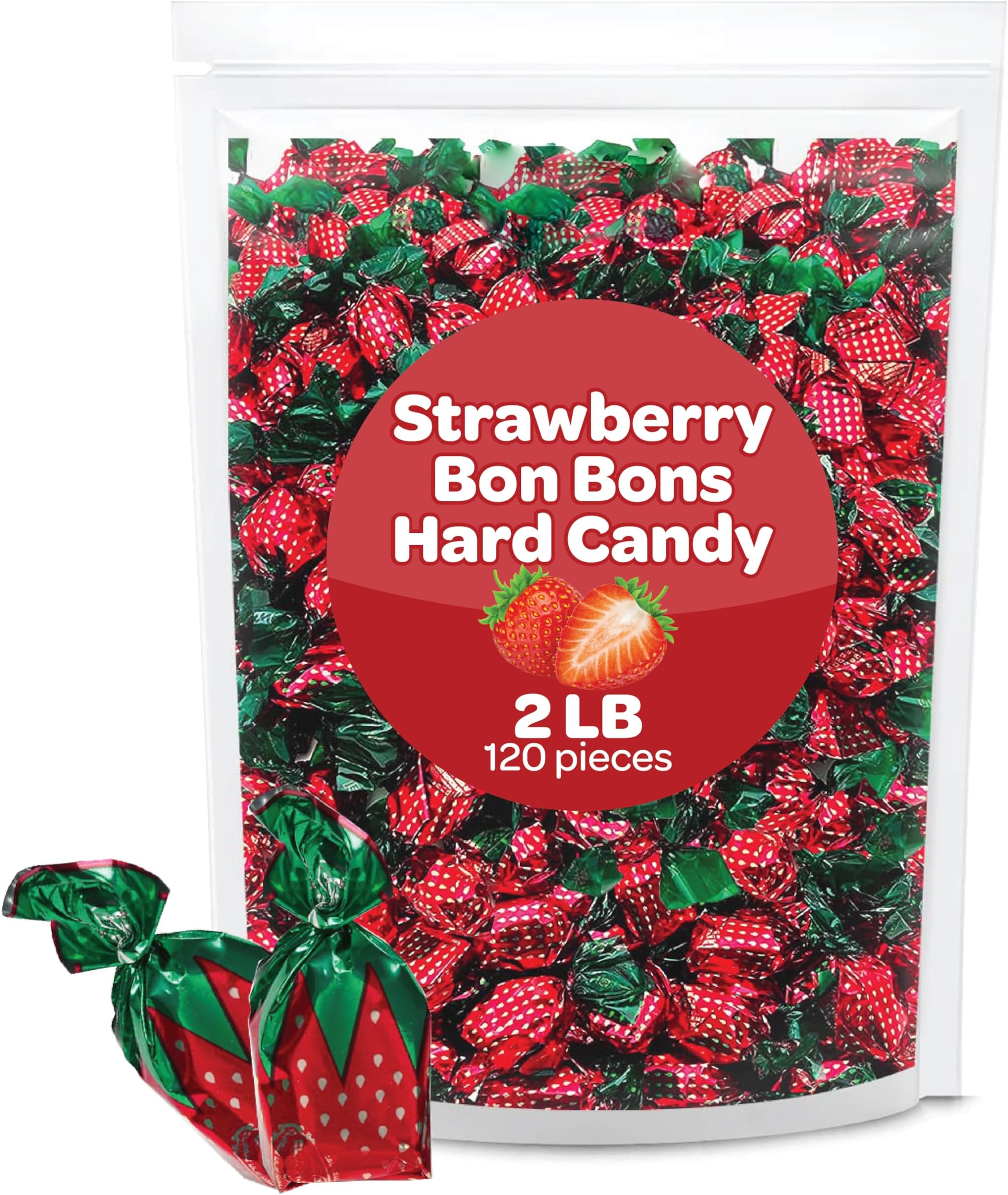 Strawberry Bon Bons - 2 Pound Bulk Pack (About 120 Count) - Hard Candy