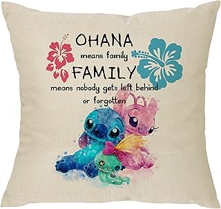 Funny Stitch Ohana Pillowcase Gifts,Ohana Means Family Cushion Cover Cartoon Stitch Home Decor Decoration for Boys Girls Daughter Son Sisters Friends Grandson Pillow Cover 18x18 Inch (Stitch&Angel)