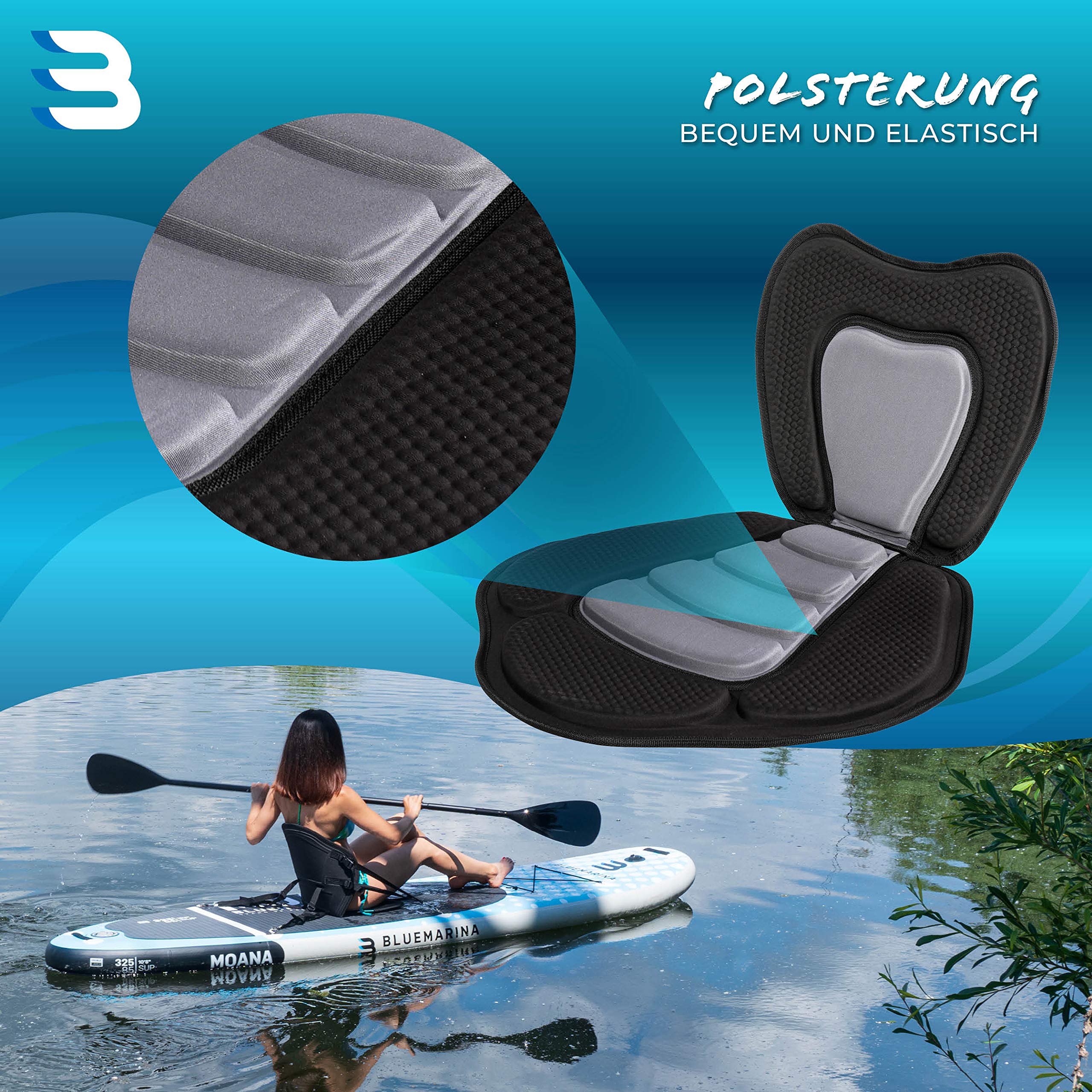 Bluemarina Kajaksitz für Stand Up Paddling Board | Inklusive Paddel - Kanusitz - Hochwertiges & bequemes Schaumstoffpolster - Rückenlehnensitz - Verstellbar - rutschfest
