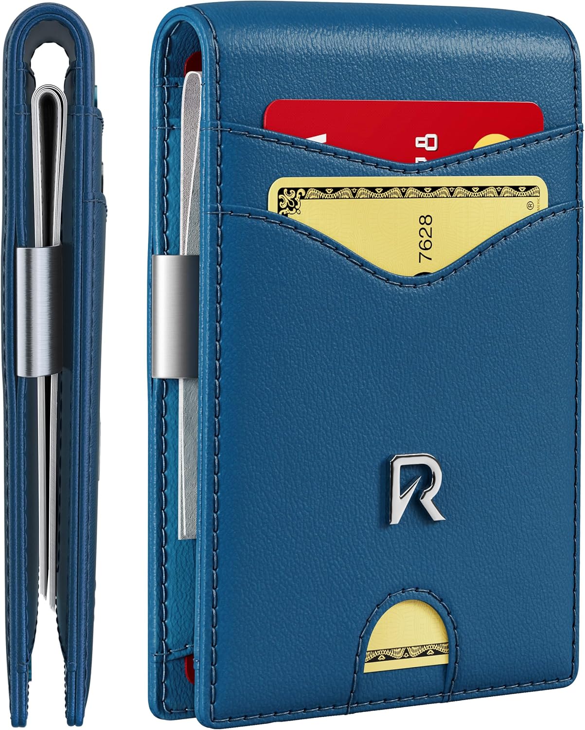 Slim Wallet for Men with Money Clip, Leather RFID Blocking Mens Wallet, Minimalist Credit Card Holder, Front Pocket Bifold - Gift Box Included (Money Clip, Dark Blue)