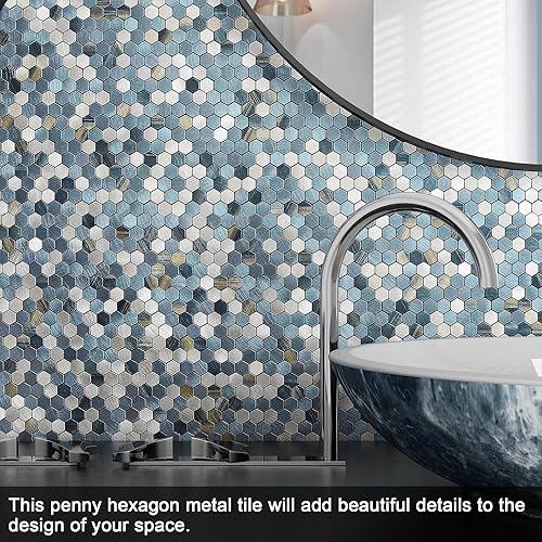 Miniatura 3 de BeNice Azulejos de mosaico de cocina para despegar y pegar, calcomanías de metal pequeñas hexagonales (10 unidades, rayas azules)