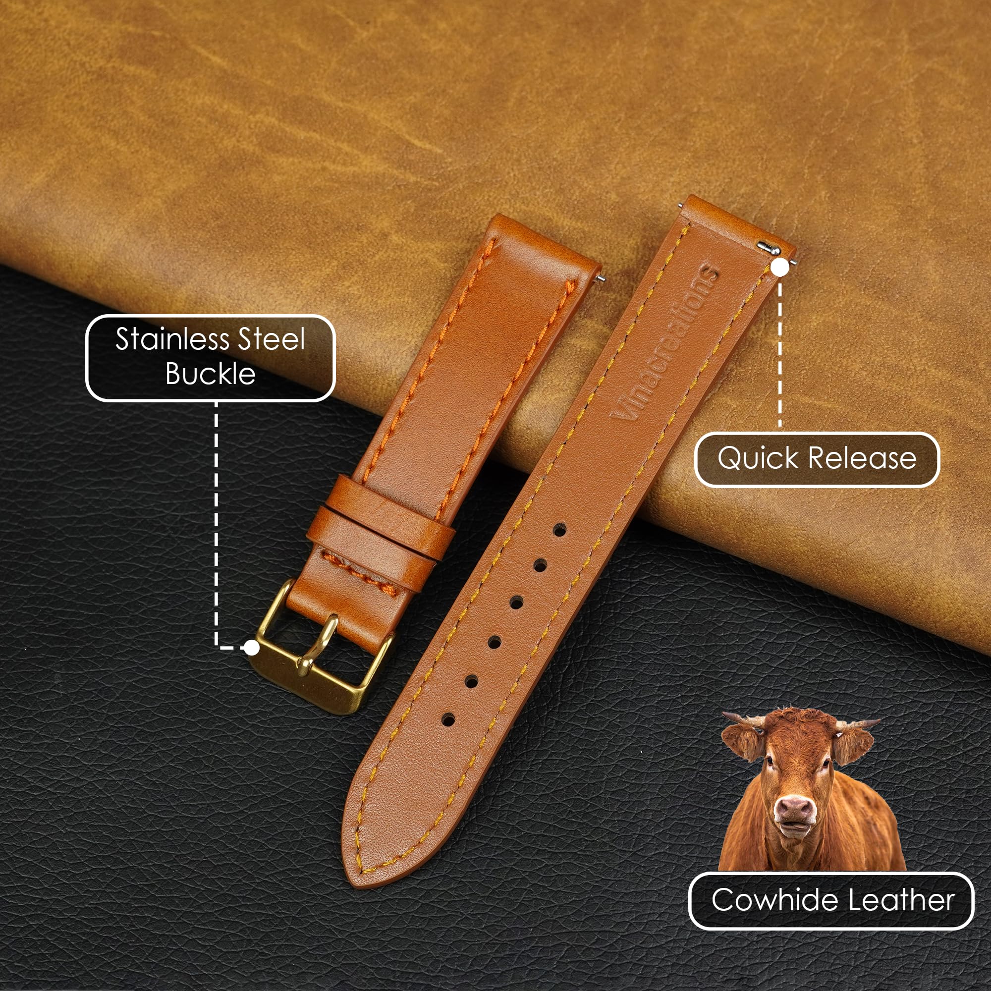21mm Flat Classic Brown Leather Watch Band Men Quick Release Handmade Leather Strap, Slim Replacement Wristband Stainless Steel Buckle, Christmas Father's Day Gift for Dad Husband DH-NO-202G-21MM