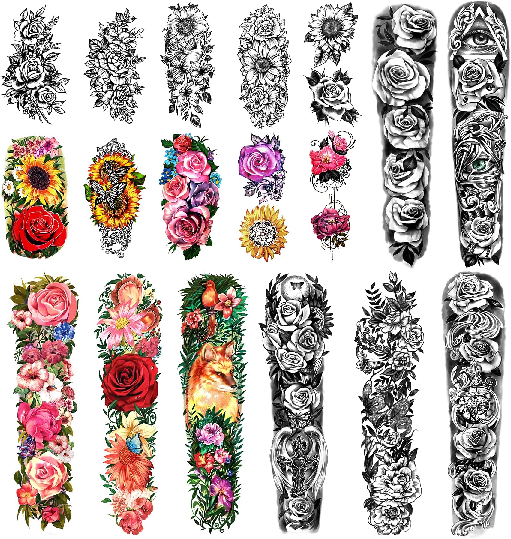 Waterproof Full Arm Temporary Tattoos 8 Sheets and Half Arm Shoulder Tattoo 10 Sheets, Extra Large LastingTattoo Stickers for Women or Girls (58X18cm)