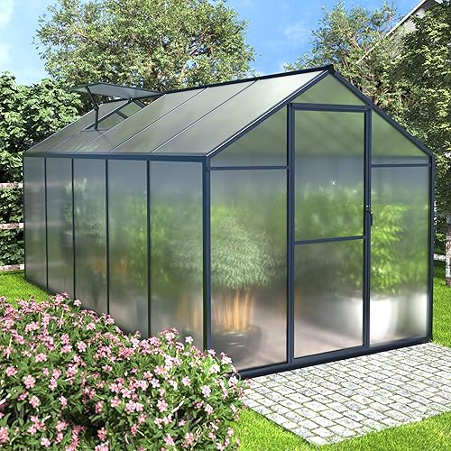 MUPATER Invernadero de 6 x 10 pies para exteriores, invernadero de policarbonato resistente, kit de casa verde de aluminio con puerta con cerradura