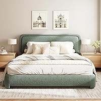 Vista 16 de Base de cama Boucle de tamaño Queen, plataforma tapizada con cabecera ajustable en altura y esquinas redondeadas suaves, sin ruido, fácil montaje