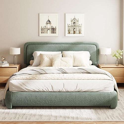 Miniatura 17 de Marco de cama tamaño Queen con tapizado de bóbil, plataforma tapizada en forma de nube con cabecera ajustable en altura y esquinas redondeadas