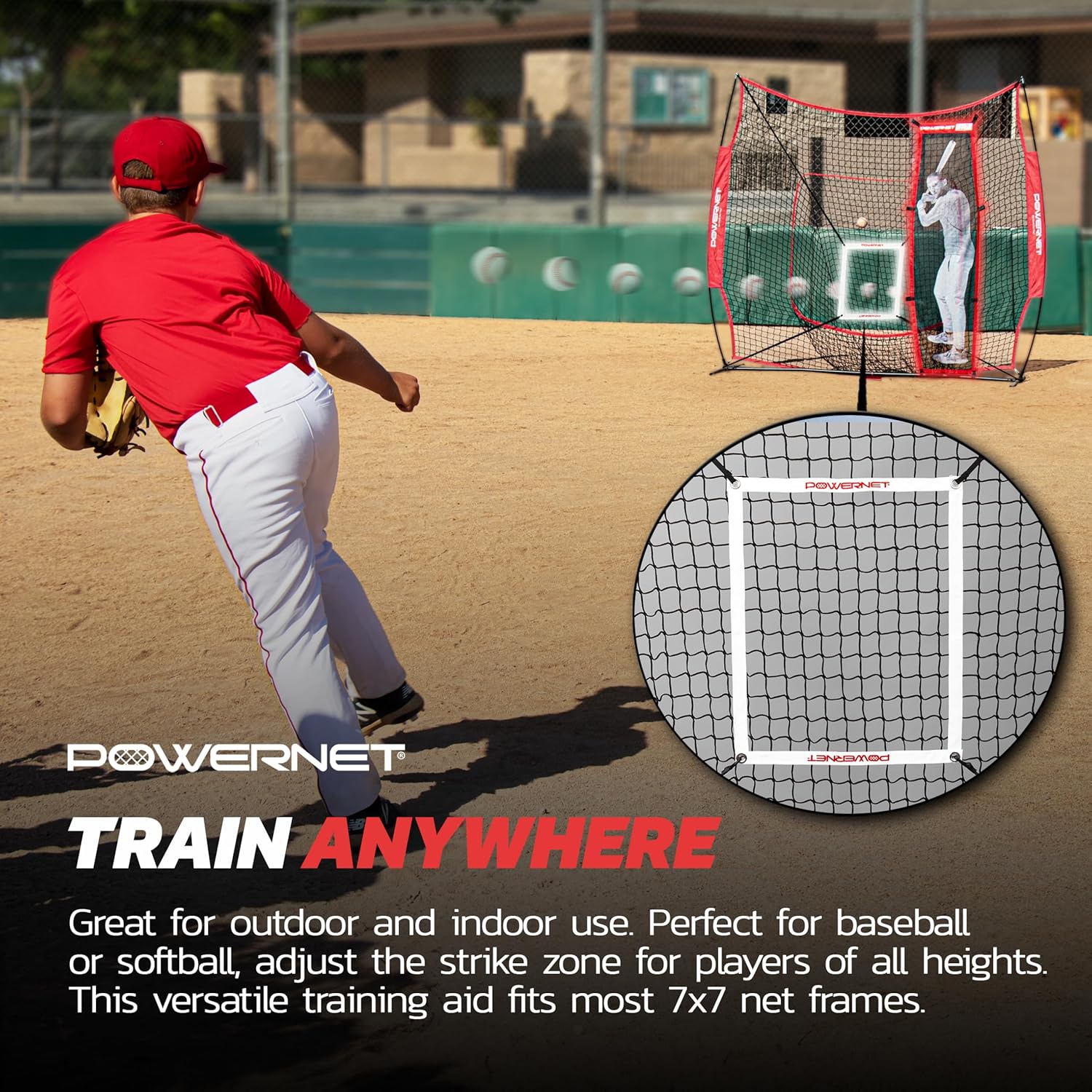 PowerNet 7x7 FT Softball & Baseball Net with Stand-in Batter & Strike Zone, Pitching Aid Attachments, Improve Accuracy, Baseball Equipment for Pitching