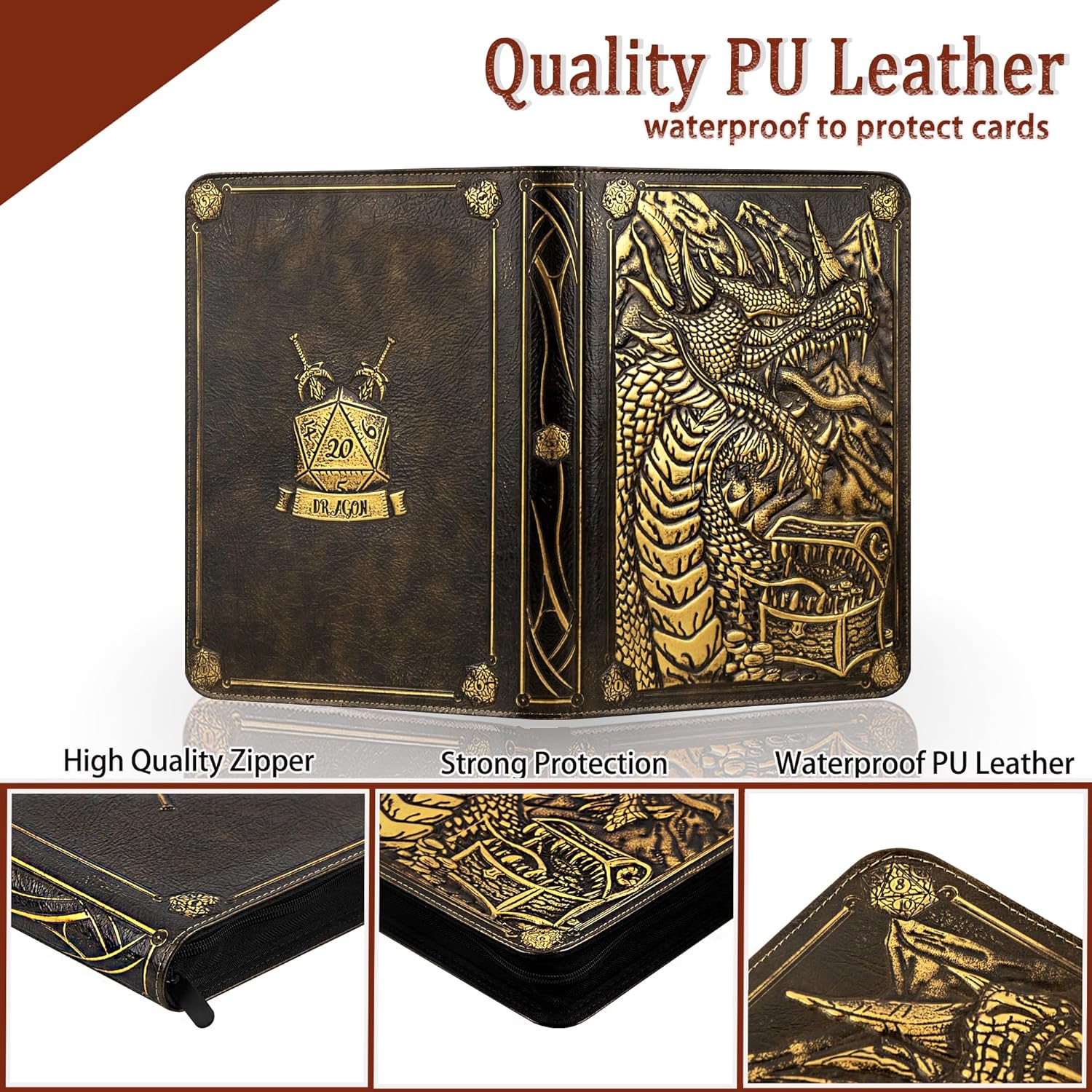 9 Pockets Trading Card Binder-Holds 360 Cards Pockets Album,3D Leather Dragon Double Sided Pocket Zipper Binder for MTG,TCG,Game Sports Cards (Bronzed)