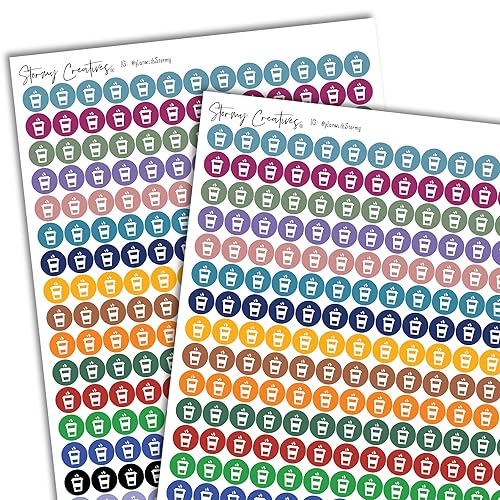 Small Coffee Stickers for Planners, To Go Cup Icon Decorative Planning Stickers, 2 Sheets, 468 total stickers, 0.3" diameter, Multicolor, Personal