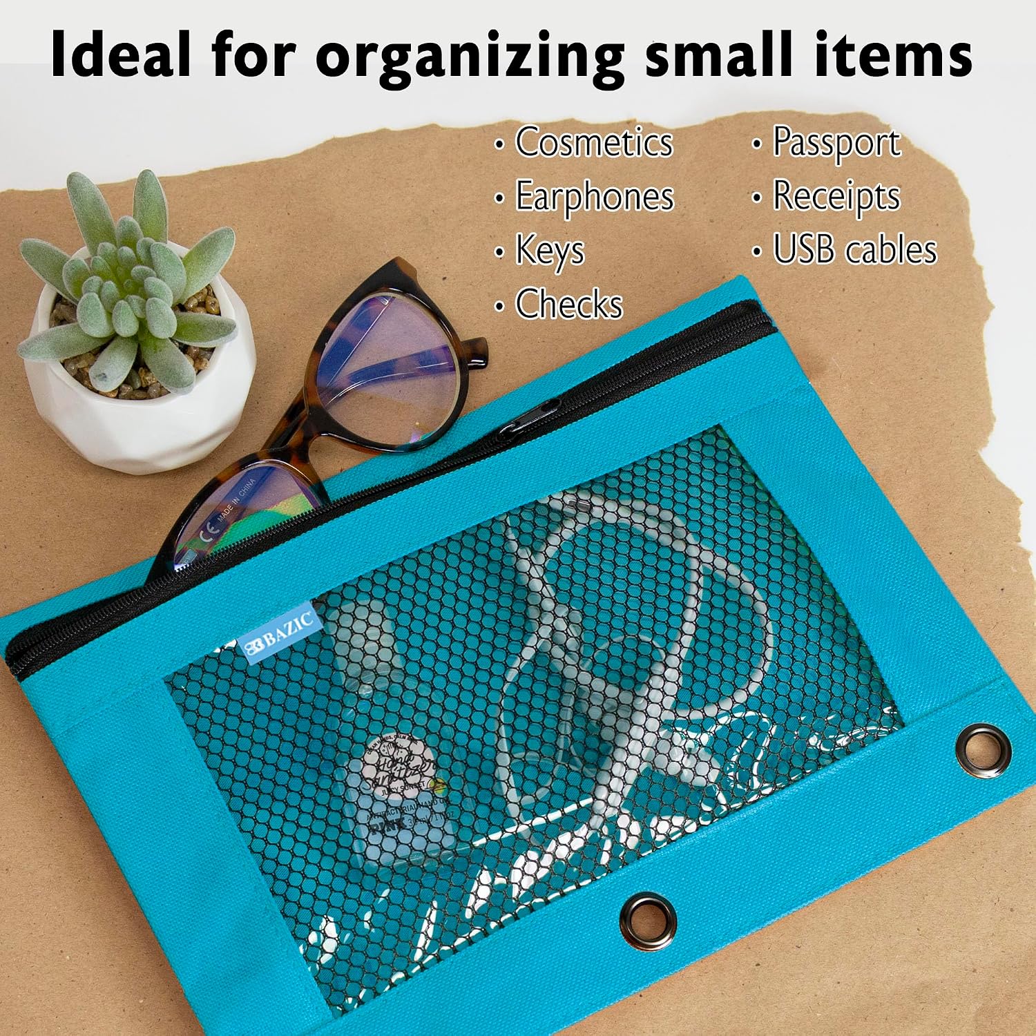 BAZIC PRODUCTS Pencil Pouch 3 Ring Binder Pouch w/Rivet Enforced Rings Holes, Pastel Color Mesh Window Zipper Pouchesr, 6-Pack
