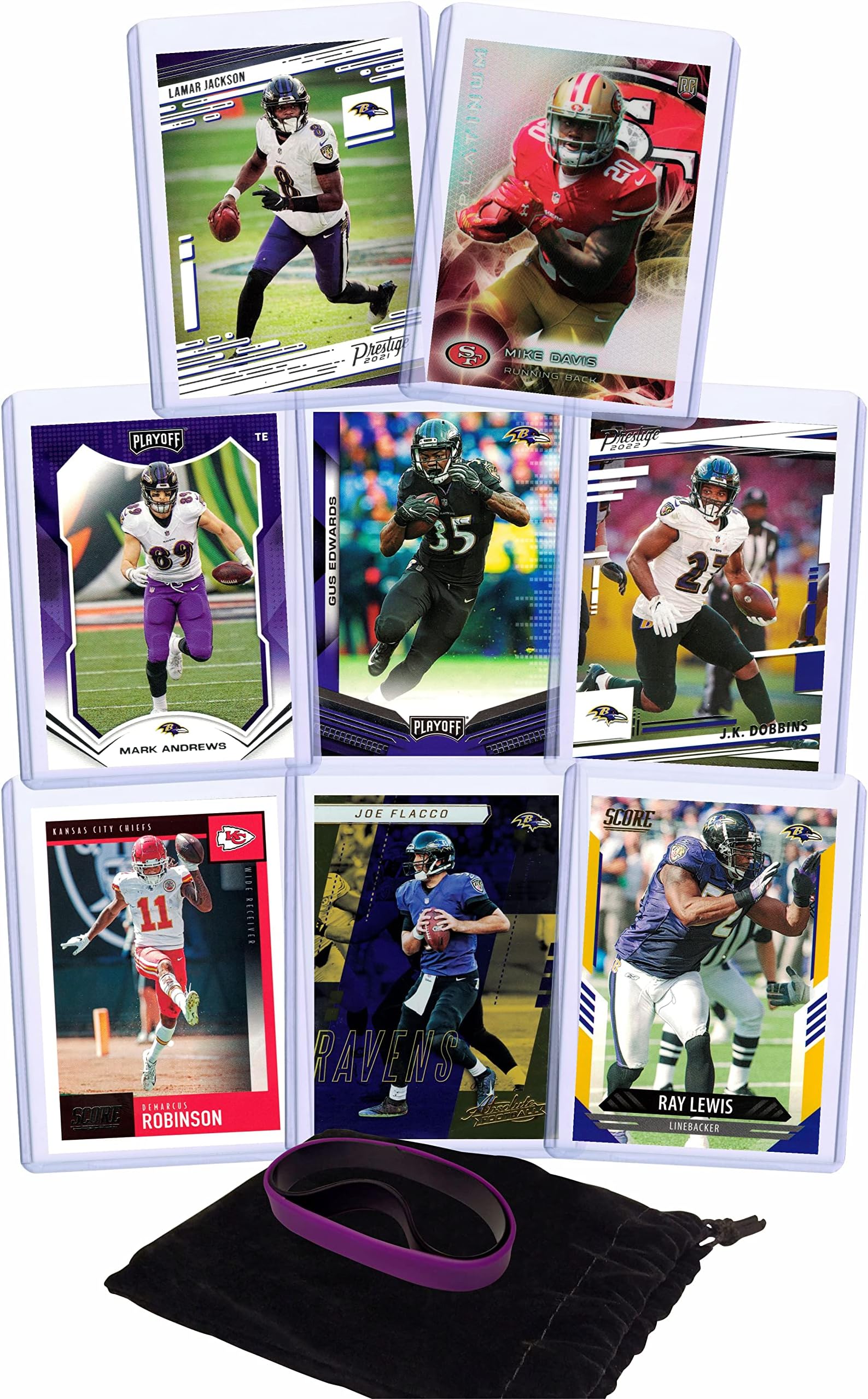 Panini, Bowman, ToppsBaltimore Ravens Cards: Lamar Jackson, Mike Davis, Andrews, Edwards, Dobbins, Demarcus Robinson or Justin Tucker, Flacco, Lewis ASSORTED Football Stars & Legends Trading Card & Wristbands Bundle