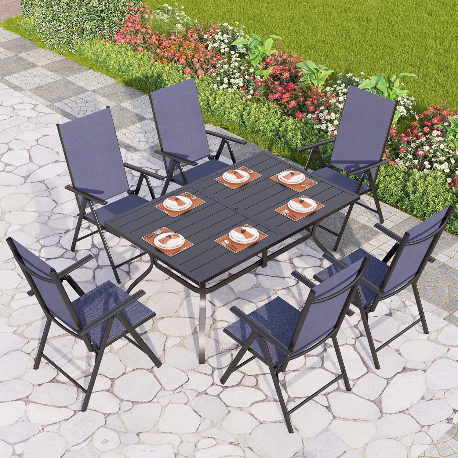 PHI VILLA 5-Piece Outdoor Dining Set for 4, All-Weather Grey Patio Furniture Set with Adjustable Folding Chairs & Square Metal Steel Table - Lightweight Portable Backyard Garden Set