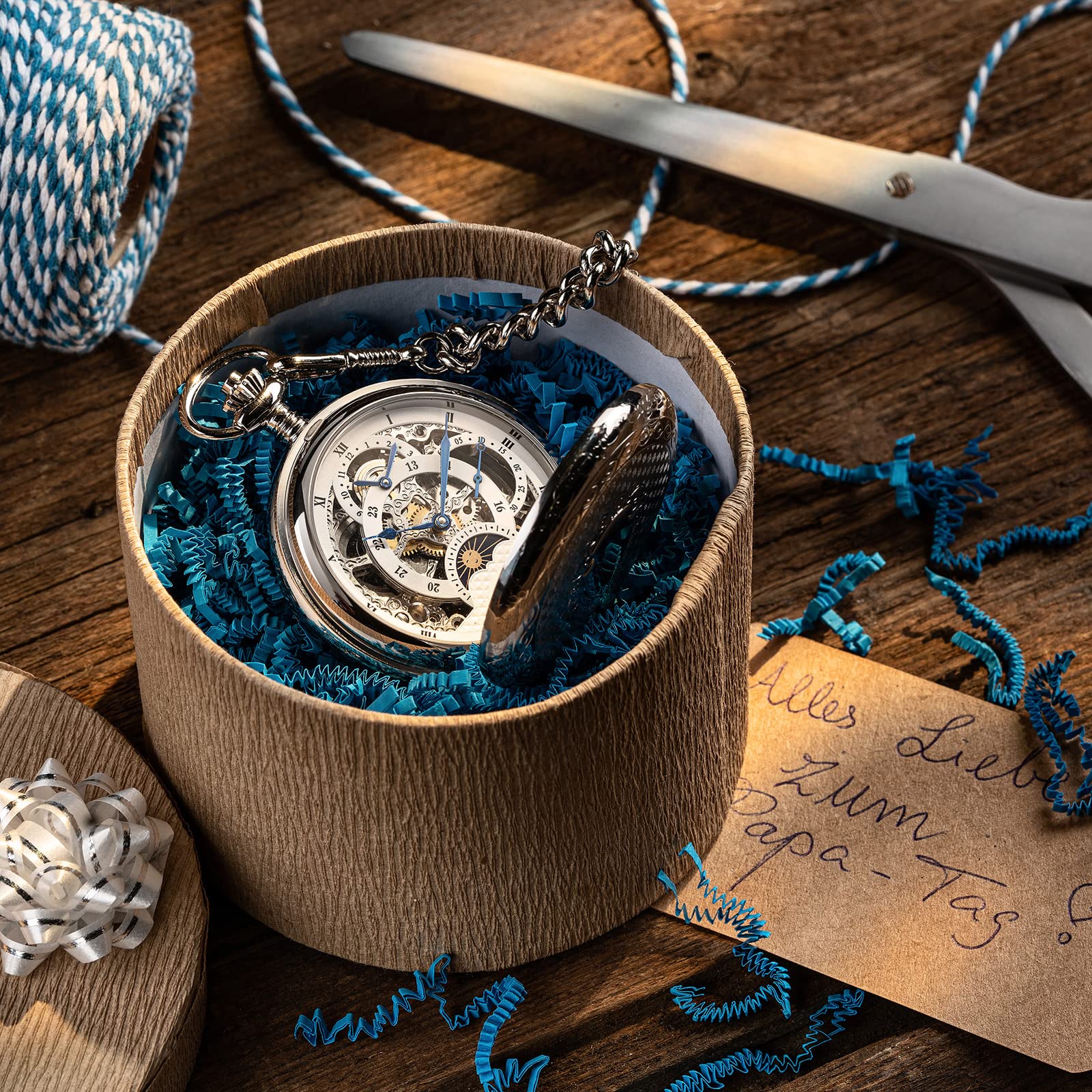 Hermann Jäckle Herren Taschenuhr Calw Skelett Dual Time 50 mm | Made in Germany, Dual Time Anzeige, Handaufzugswerk, beidseitig offen, inklusive Kette und Reiseetui