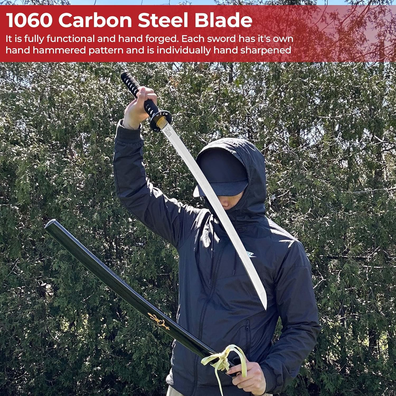 MedievalDepot Musashi Kill Bill Katana Replica 40" - Hand-Forged 1060 Carbon Steel Blade with Display Stand