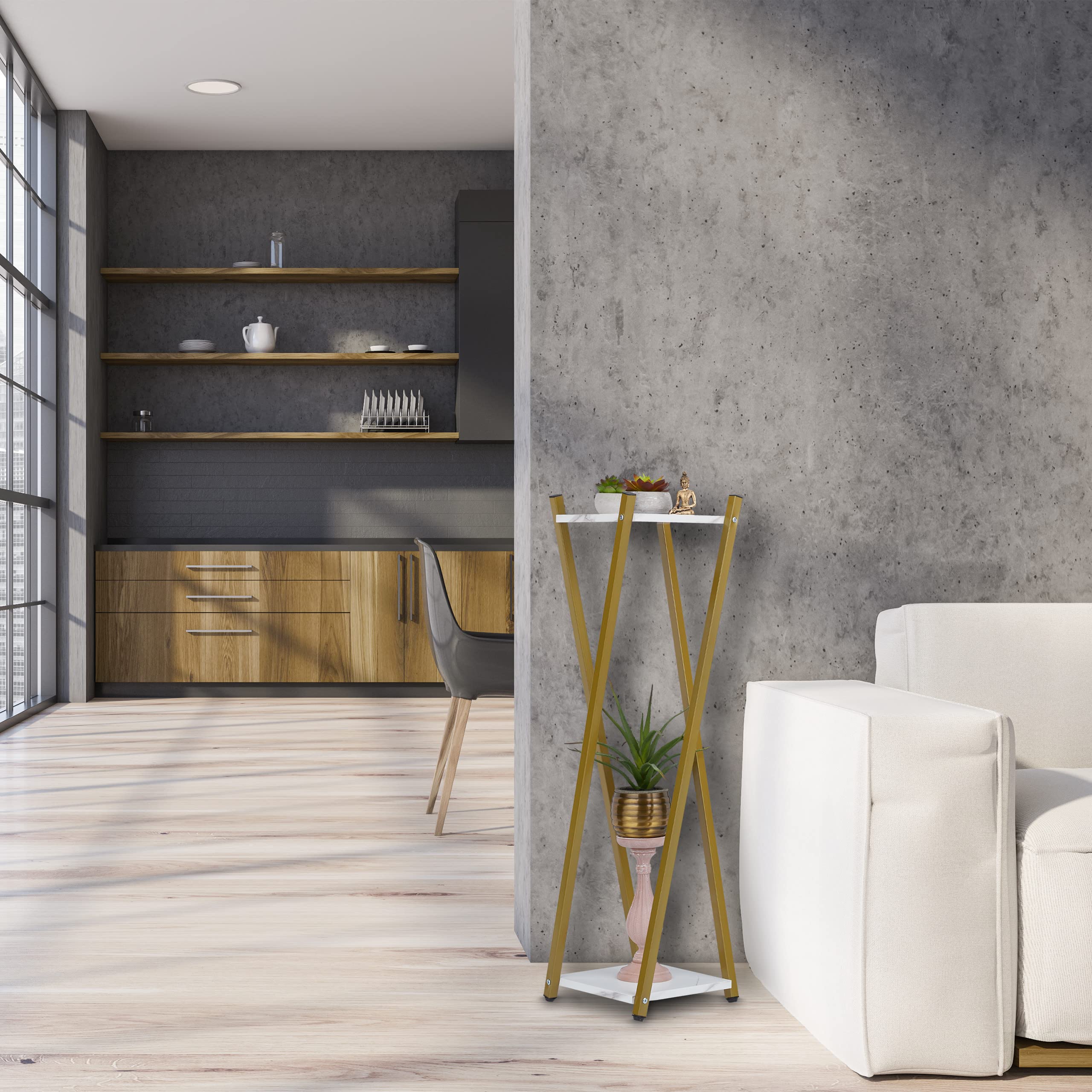Relaxdays Étagère à Plantes, 2 Surfaces Effet marbre, Tabouret Moderne Fleur, HxLxP : 99x29x29 cm, Colonne, doré-Noir