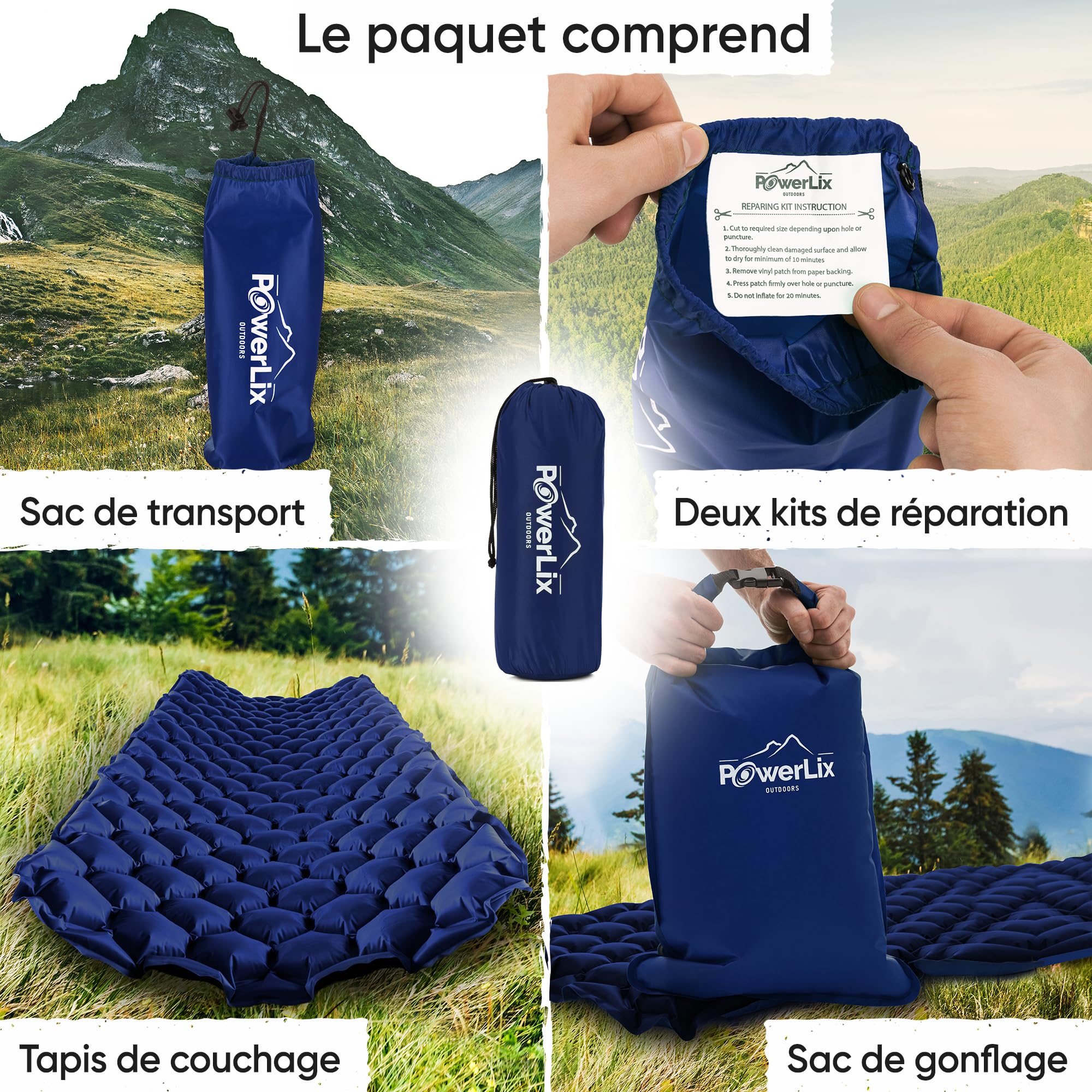 POWERLIX Tapis de Couchage Gonflable Ultra léger, idéal pour Le Camping, Le Sac à Dos, la randonnée – Airpad, Sac de gonflage, Sac de Transport, kit de réparation Bleu Marine